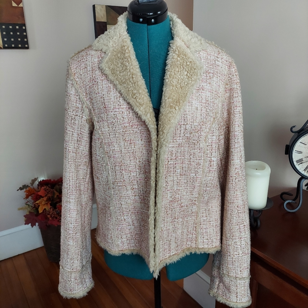 Dana Buchman Tweed Open Fur Lined Jacket
